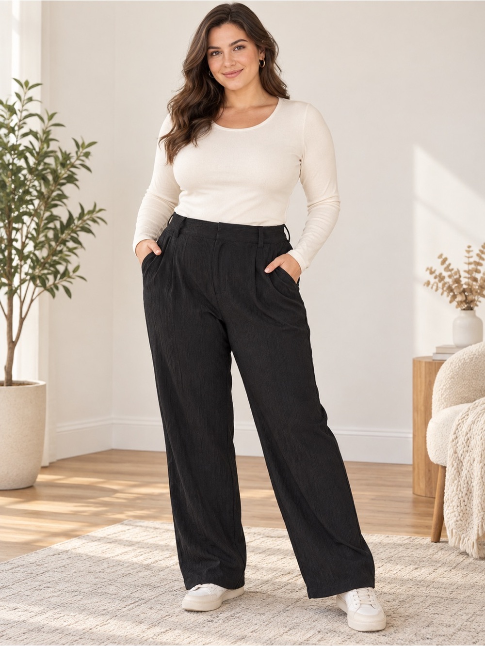 HALARA Wide-Leg Black Corduroy High-Rise Pants